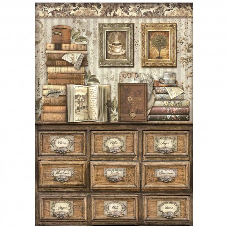 STAMPERIA PAPIER RYŻOWY A4 COFFE & CHOCOLATE BIBLIOTECZKA