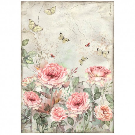 STAMPERIA PAPIER RYŻOWY A4 HOUSE OF ROSES RÓŻE I MOTYL
