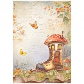 STAMPERIA PAPIER RYŻOWY A4 WHISPERING WOODS DOMEK W BUCIE