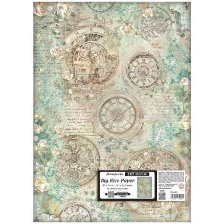 STAMPERIA PAPIER RYŻOWY 50x70c GARDENS OF TIME ZEGARY I RÓŻE