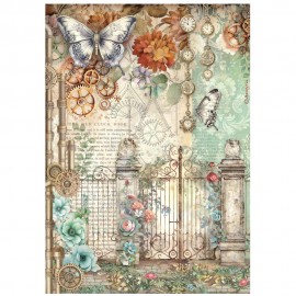 STAMPERIA PAPIER RYŻOWY A4 GARDENS OF TIME MOTYL I BRAMA