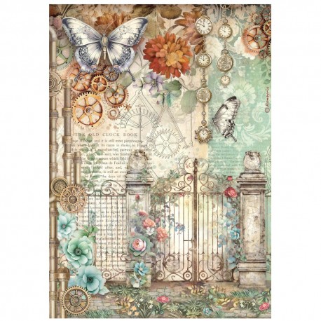 STAMPERIA PAPIER RYŻOWY A4 GARDENS OF TIME MOTYL I BRAMA