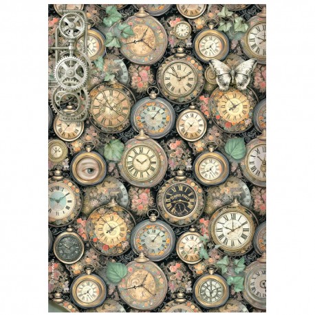 STAMPERIA PAPIER RYŻOWY A4 GARDENS OF TIME ZEGAROWE TŁO