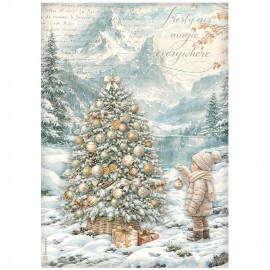 STAMPERIA PAPIER RYŻOWY A4 WHITE CHRISTMAS CHOINKA NAD WO