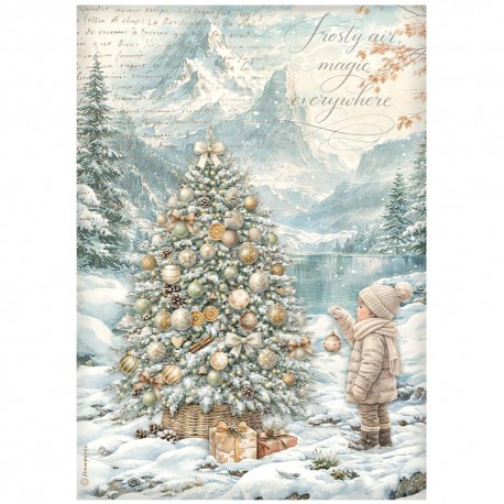 STAMPERIA PAPIER RYŻOWY A4 WHITE CHRISTMAS CHOINKA NAD WO