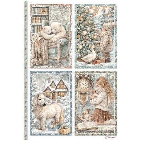 STAMPERIA PAPIER RYŻOWY A4 WHITE CHRISTMAS 4 KARTY