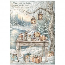 STAMPERIA PAPIER RYŻOWY A4 WHITE CHRISTMAS STÓŁ NAD WODĄ