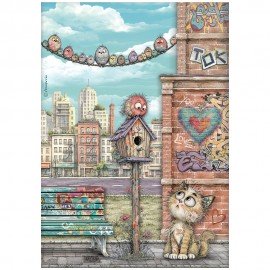 STAMPERIA PAPIER RYŻOWY A4 FURRY FRIENDS 2 KOT I PTASZKI